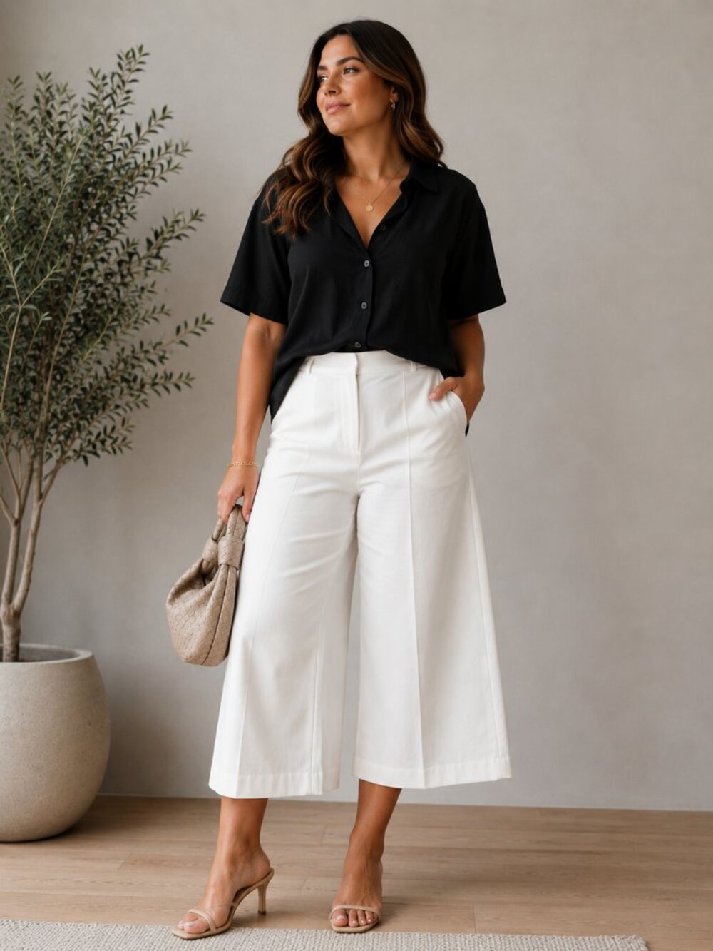 Joie Women's Culotte Wide Leg Pants Plus Size 16 Ivory Elastic Waist Work Casual